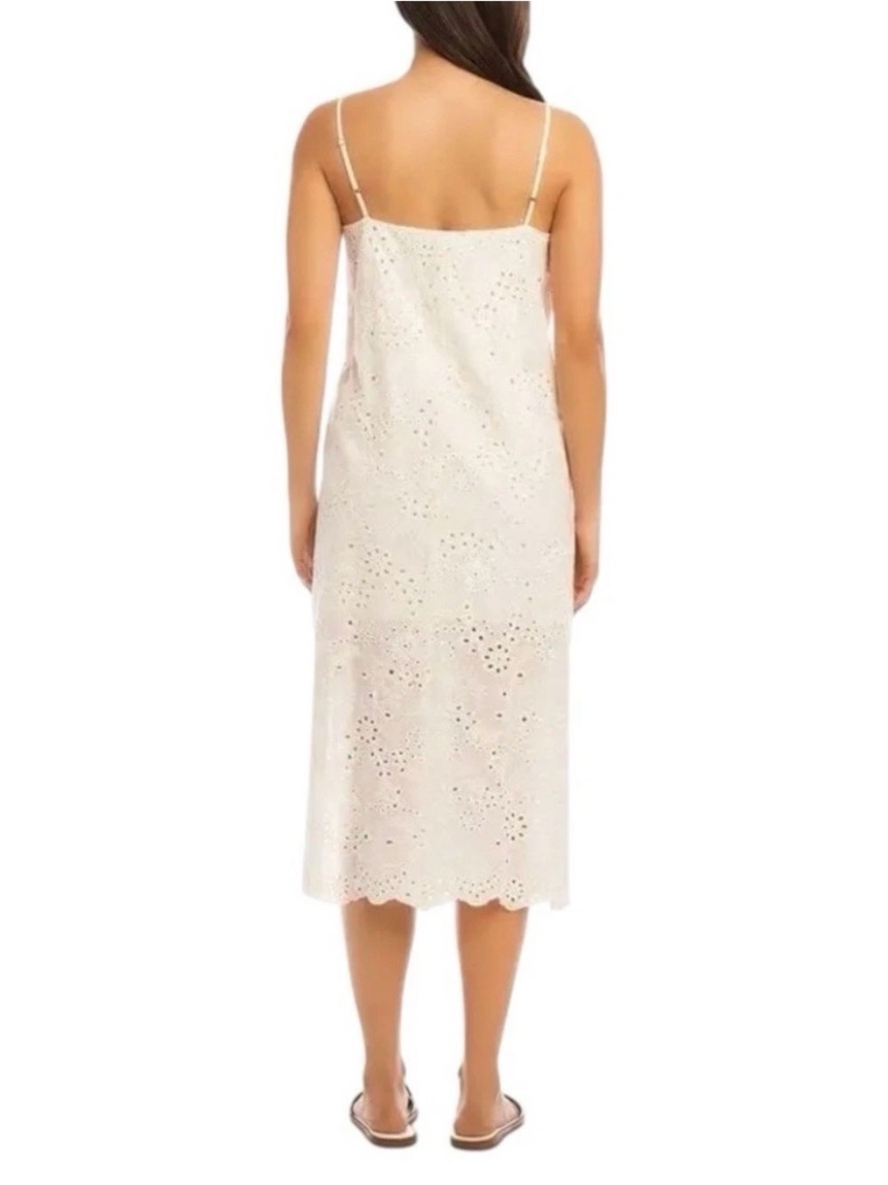 Karen Kane Cotton Eyelet Midi Dress Adjustable Straps Scalloped Hem Ivory M NWT - Picture 9 of 13